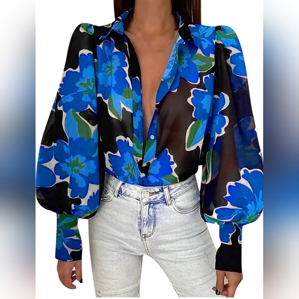NWOT Women's Sexy Floral Print Button Front Shirt Size S - Picture 1 of 5
